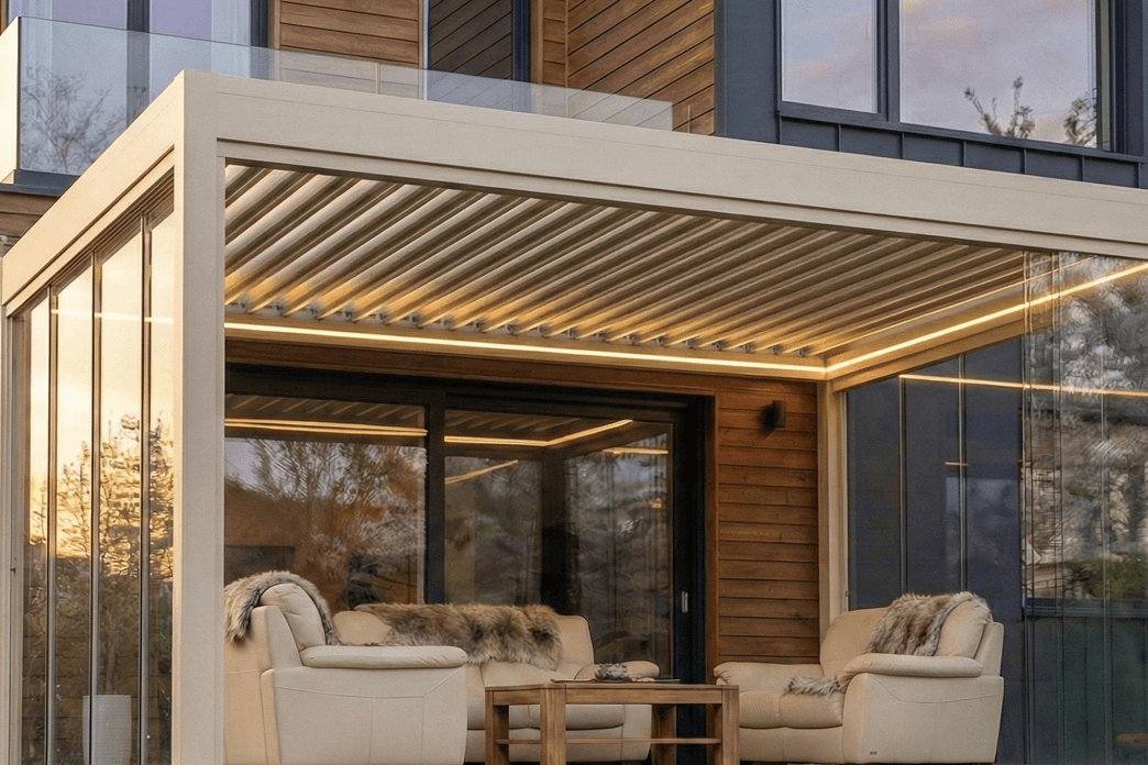 Glass-roof and glass-louver pergolas - glass-top systems designed with new technological upgrades